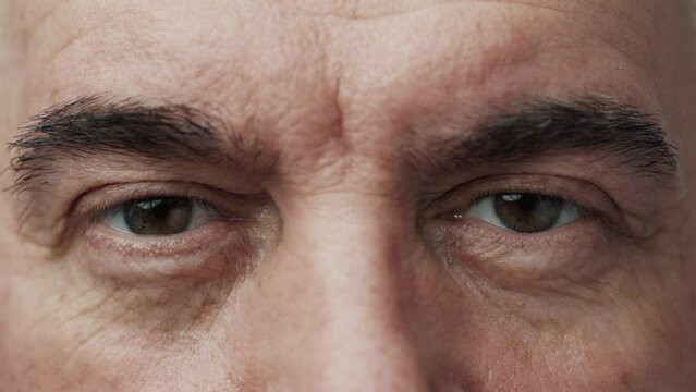 Portrait of Old Man Face with Wide Eyes Looking at Camera Close Up. Serious Vision of One Aging Adult with Nice Older Features. Modern Concept of Good Sighted Elderly Person Thinking on Retirement