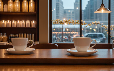 Charming coffee shop photo with a cozy table setup, perfect for cafe or restaurant decor. The background bokeh adds a touch of magic.