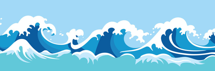 Vector drawing of sea waves, cartoon illustration, natural background	