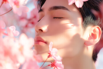 桜の花とアジア人男性 メンズビューティー - obrazy, fototapety, plakaty