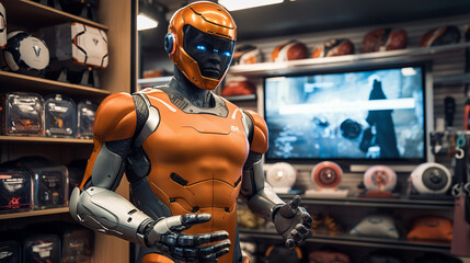 an AI robot in sport memorabilia shop sharing historical facts, managing inventory
