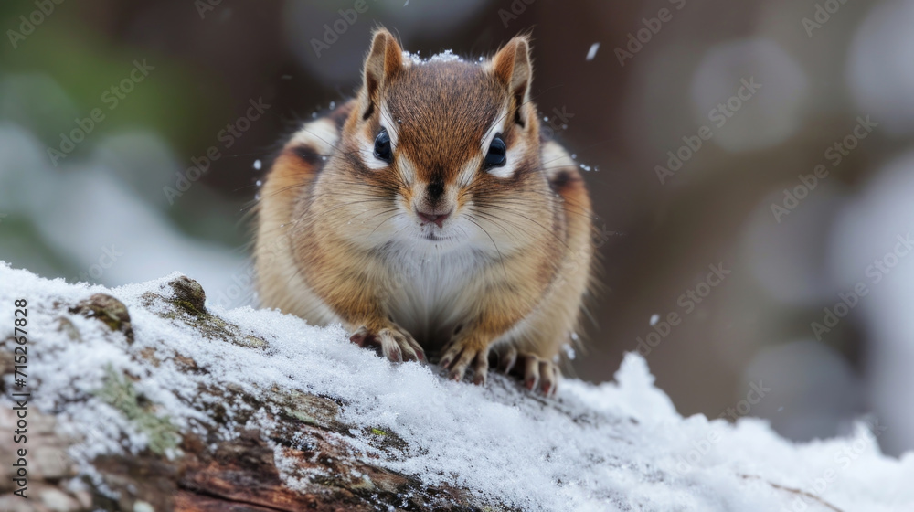Poster closeup of a chipmunk with its bulging taking a brief break from foraging for winter sustenance on a
