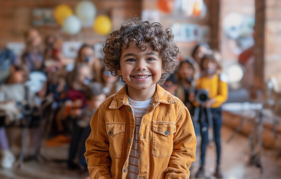 Portrait image of a young male model in the form of a cute little child standing in a pose facing forward. Image generated by AI