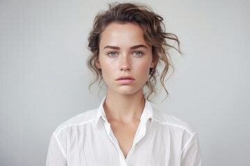 Portrait of young beautiful woman in white shirt. Studio shot.