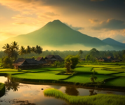 An AI generative image of paddy field and mountain landscape with some malay village insight