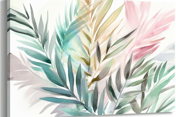 Bright artwork featuring watercolor palm leaves in soothing pastel shades. Generative AI - obrazy, fototapety, plakaty