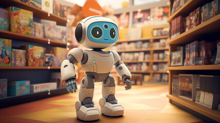 an AI driven robot in a toy store engaging with children and helping them choose