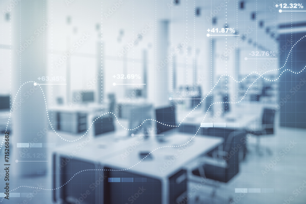 Poster Multi exposure of creative statistics data hologram on modern corporate office background, stats and analytics concept