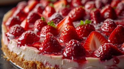 Close-up of a strawberry cheesecake.