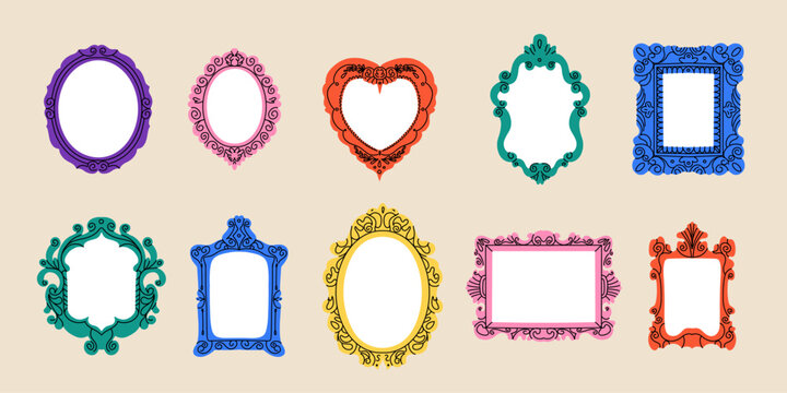 Vintage frame set. Picture border. Various decorative isolated elements different forms in doodle style. Elegant retro frameworks. Modern mirror design. Art gallery objects. Vector illustration