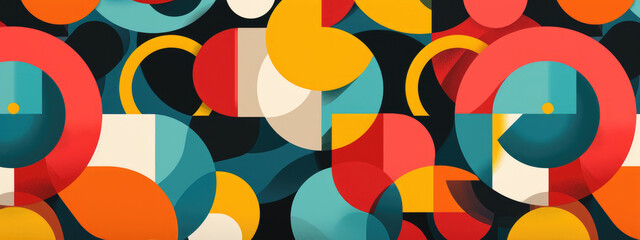 Bauhaus style background with abstract pattern featuring geometric shapes in a variety of bright colors