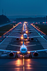 Planes lined up at the airport waiting for take off - obrazy, fototapety, plakaty