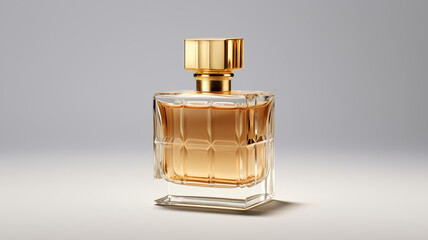 A gold glass bottle containing men's eau de parfum is seen on a transparent background.