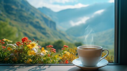 Cup of coffee on windowsill with flowers with mountains in background, AI-generative