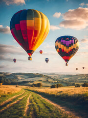 Colorful hot air balloons flying in the sky over rural landscape.