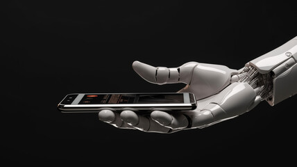 The robotic hand hold smart phone with isolated screen for mockup - obrazy, fototapety, plakaty