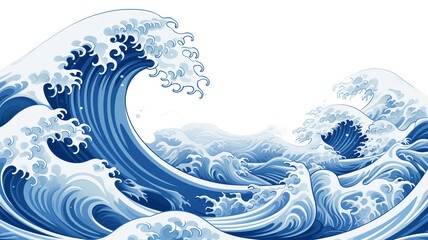 Traditional Chinese blue wave in circle. Beautiful line art of nature illustration.