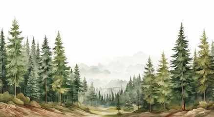 watercolor landscape with fir trees, abstract nature background
