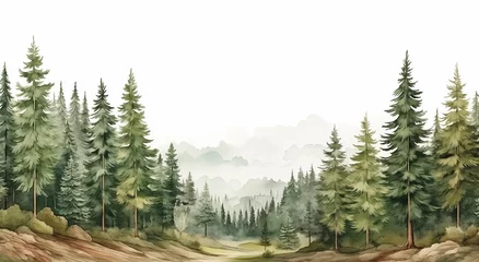 Keuken spatwand met foto watercolor landscape with fir trees, abstract nature background © Teerasak