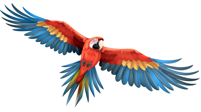Scarlet macaw parrot flying isolated on transparent background