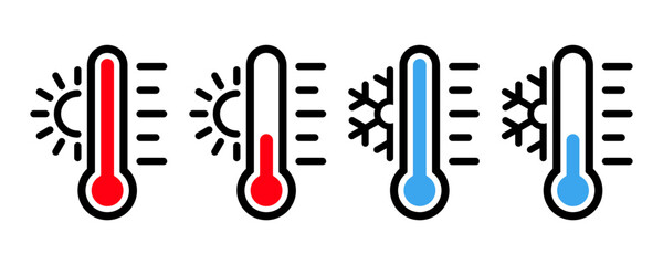 Temperature icon set. Temperature scale icon symbol. Weather sign. Thermometer icons. Hot and cold air temperature symbol in line and flat style for apps and websites, vector illustration
