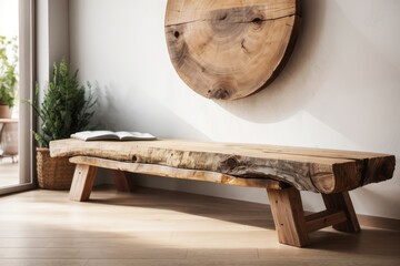 Bohemian farmhouse interior home design of entrance hall with rough wood slab wooden bench and houseplants near the window
