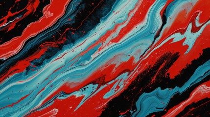 Obraz na płótnie Canvas Painting with many Red and Blue Stripes Background - Light Sky-Blue and Dark Black Distorted and Elongated Forms - Bold Marbleized Block Illustration Marbleized created with Generative AI Technology