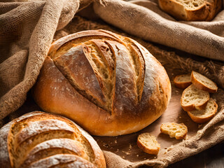 Freshly baked bread on a wooden background. Selective focus.