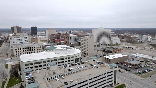 Topeka, Kansas downtown skyline with drone video moving sideways.