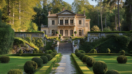 Immerse in the timeless allure of French châteaux with an image featuring manicured gardens, elegant stone architecture, and a play of light and shadow that accentuates the beauty