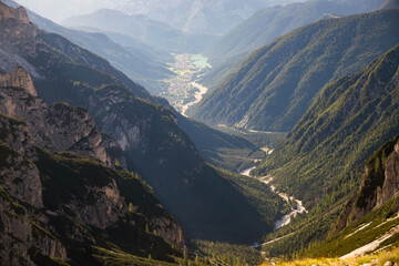 Aerial view the road to Aurunzo di Cadore, Dolomites, Italy.