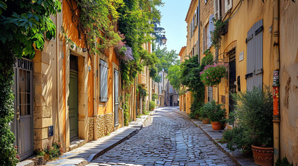 Explore the enchanting streets of Aix-en-Provence with a snapshot of cobblestone alleys, charming boutiques, and cascading ivy, immersing viewers in the idyllic beauty of this hist - obrazy, fototapety, plakaty