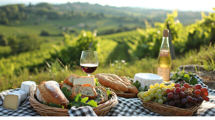 Capture the romance of a French countryside picnic with an image of a checkered blanket, a spread of gourmet cheeses and baguettes, set against the backdrop of rolling vineyards an