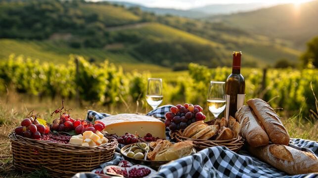 Capture the romance of a French countryside picnic with an image of a checkered blanket, a spread of gourmet cheeses and baguettes, set against the backdrop of rolling vineyards an