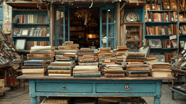 Explore the antique charm of a French flea market with an image of vintage trinkets, aged books, and weathered furniture, capturing the nostalgic allure of French brocantes.