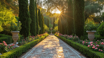 Fototapeta premium Experience the enchantment of a French botanical garden with an image of manicured pathways, blooming roses, and classical sculptures, creating a serene and visually pleasing escap