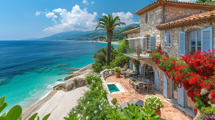 Fototapeta na wymiar Capture the essence of French coastal luxury with a photograph of a seaside villa, featuring panoramic views of the azure sea, pristine beaches, and elegant Mediterranean architect