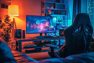 Cozy home gaming corner, ambient LED lighting