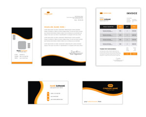 Corporate stationery template design with a set of identity card,business card, letterhead and invoice. Black and orange color based simple stationery design.