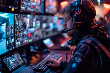 Naklejka premium High-tech streaming setup, streamer interacting with audience
