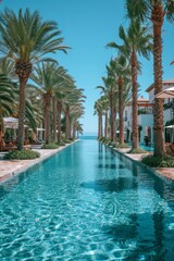 Fototapeta na wymiar Luxurious resort poolside with palm trees, guests enjoying leisure time