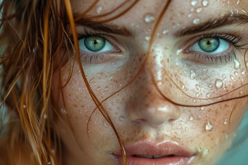 portrait photography, dutch angle shot, a woman's face with freckles covered in raindrops