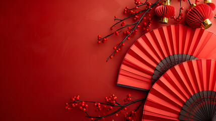 Chinese new year festive background with red decoration, copy space, generative ai
