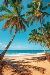 Tropical beach with tall palm trees, golden sand, clear blue sky, relaxing and serene atmosphere