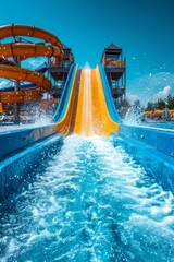 Water park with a giant water slide, splashes of water, bright and sunny summer day