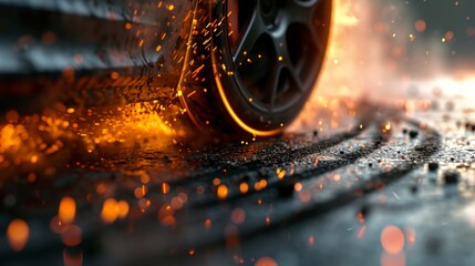 The tire treads leave behind a trail of burnt rubber as the cars leave their mark on the asphalt in...