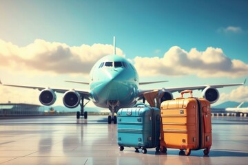 Suitcases luggage in airport, travel fly holiday journey concept, airplane flying 3D render illustration generative ai