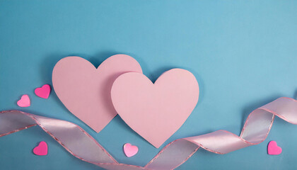 Two pink hearts on blue background, space for writing.