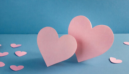 Two pink hearts on blue background, space for writing. heart background.