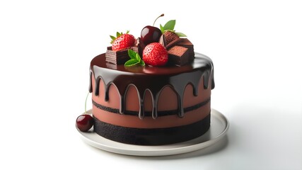 dark chocolate cake with strawberries on a white plate
